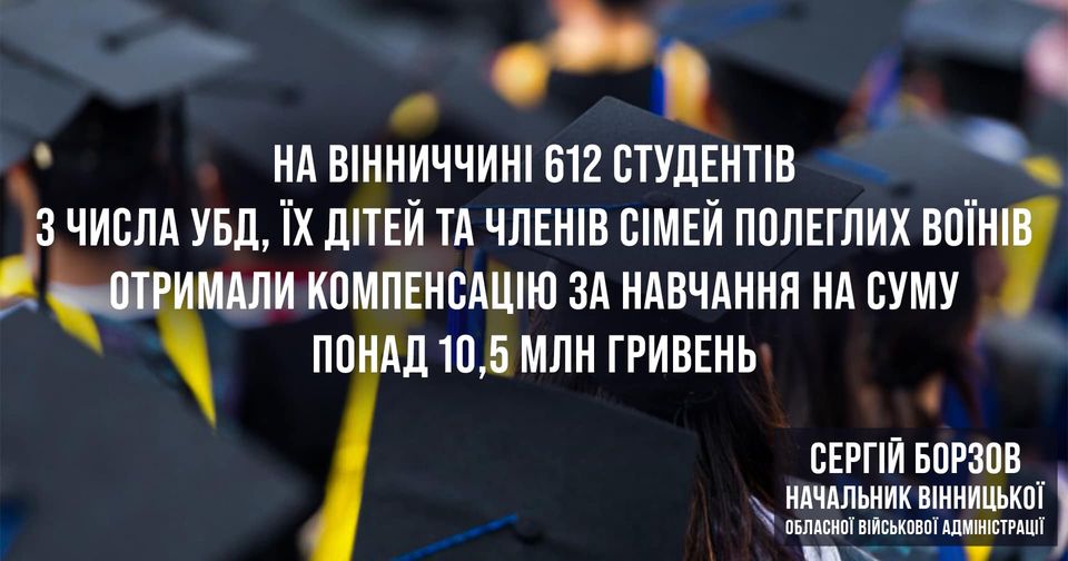 На Вінниччині 612 студентів з числа УБД, діти учасників бойових дій та члени сімей полеглих воїнів отримали компенсацію за навчання на суму понад 10,5 млн гривень