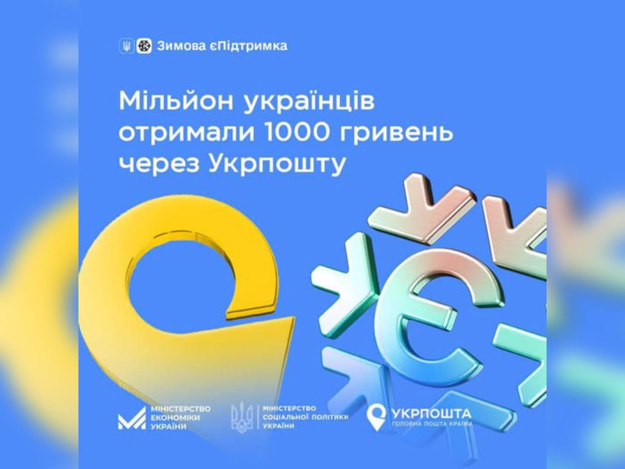 картка з написом "Мільйон українців отримали 1000 гривень через Укрпошту"