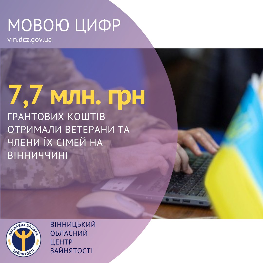 людина, яка друкує на ноутбуці та надпис "7,7 мільйонів гривень грантових коштів отримали ветерани та члени їх сімей на Вінниччині"