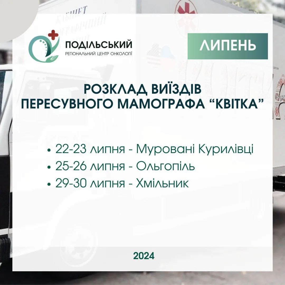 Розклад роботи пересувного мамографа «Квітка» у липні