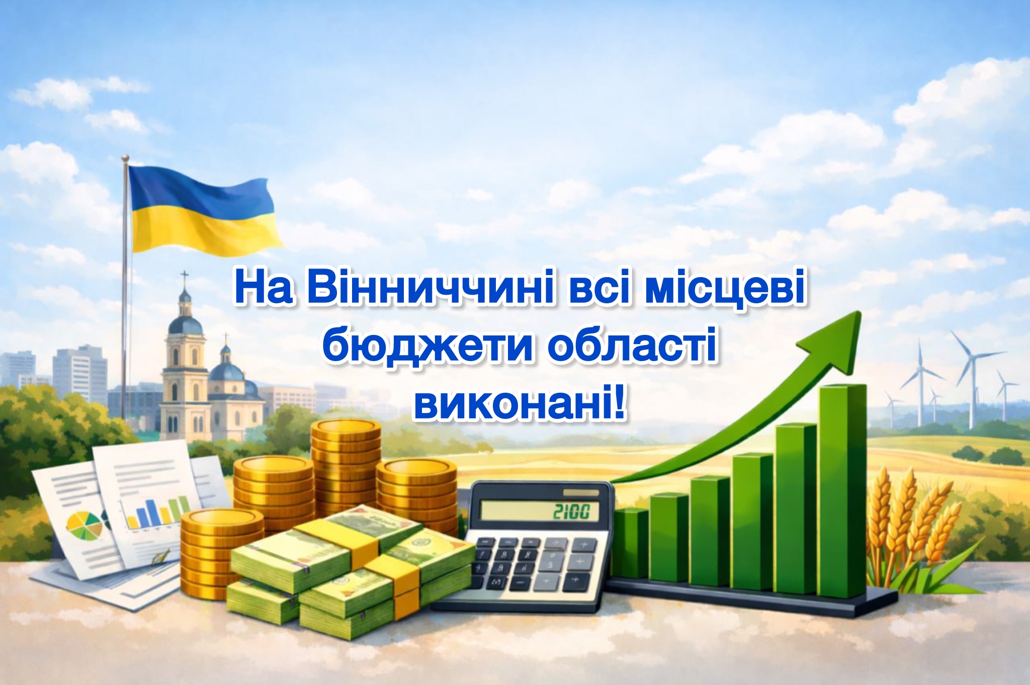 картка з написом: "На Вінниччині всі місцеві бюджети області виконані!"